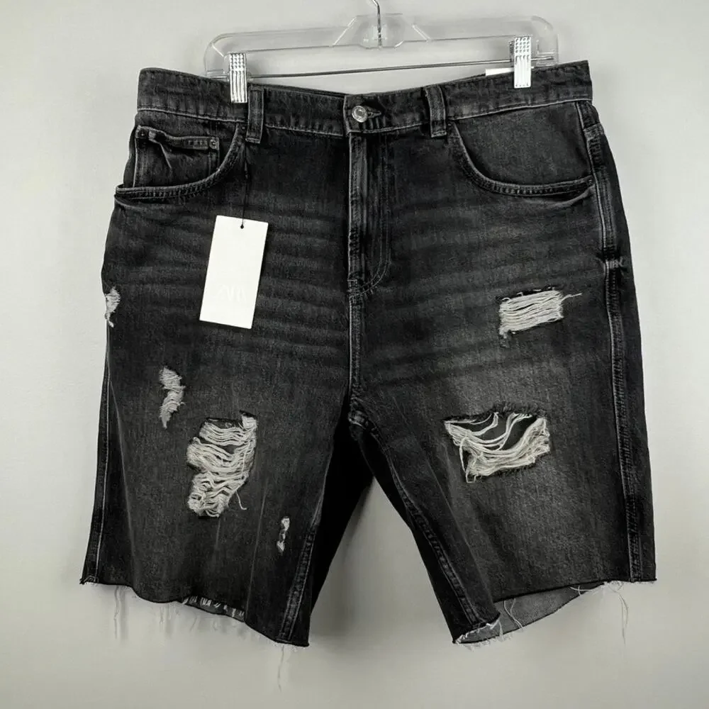 NWT Zara Men's Relaxed Fit Distressed Raw Hem Denim Shorts Black Size 36